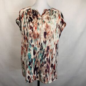 Liz Claiborne Blouse Sz M Beige Multicolor Print Henley neckline cap sleeve